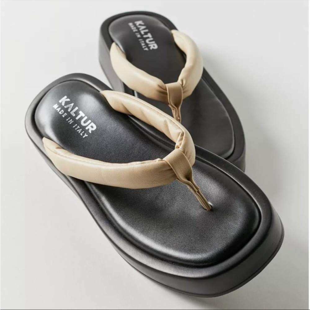 Italian-Made Leather Puffy Cream + Black Flip Flop Sandals, UO x KALTUR